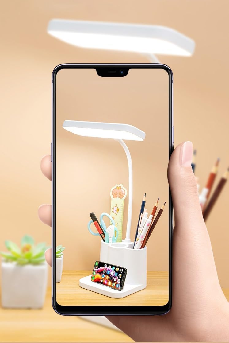Rylan Acrylonitrile Butadiene Styrene 3 Color Table Lamp Rechargeable for Study with Phone Holder Flexible Arm LED Touch Light with Stepless Dimming Desk Lamps with Pen Holder White - Image 5
