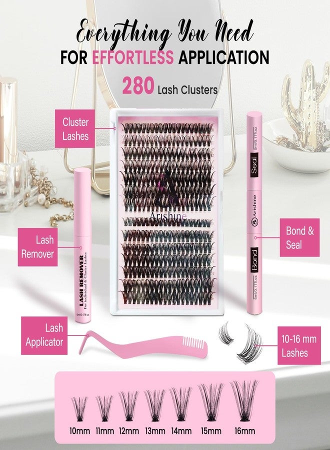 Arishine Lash Clusters Extension Kit: 280PCS Eyelash Clusters & Cluster Eyelash Extensions - 10-16mm D Curl Wispy DIY Lash Kit with Bond & Seal, Remover, Tweezers & Applicators - Thin Invisible Band - Image 5