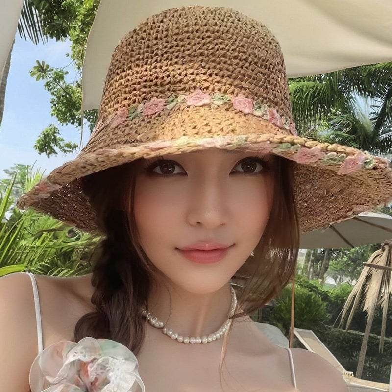 Summer Casual Straw Hat with Lace Trim - Sun Protection & Breathable Wide Brim Hat for Beach Outdoor