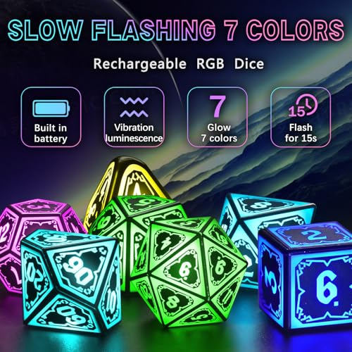 FONVGOGO Wireless Light Up Dice Set D and D RGB for Dungeons and DragonsCool LED DND Dice with Charging Box Rechargeable 7 Color Polyhedral Role Playing Dice for DND Gifts RPGAstral Shard Black - Image 5