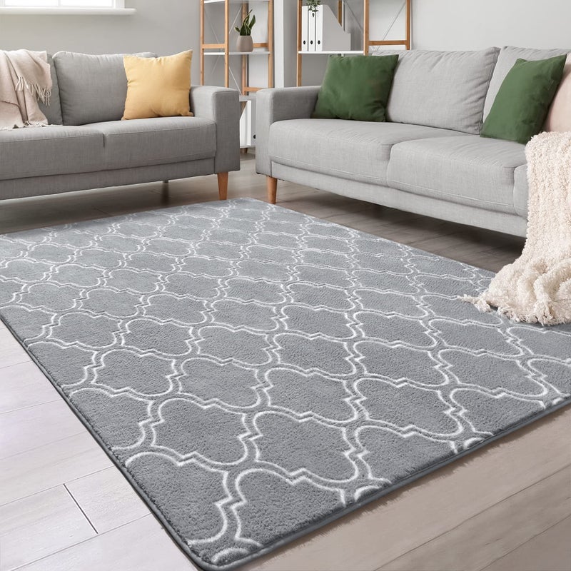 Chicrug Shag Geometric Modern Area Rug for Bedroom 4x6 Feet Memory Foam Indoor Carpet Fluffy Rug for Living Room Bedside Room Decor for Family Girls Kids Nursery Play Mat GreyWhite
