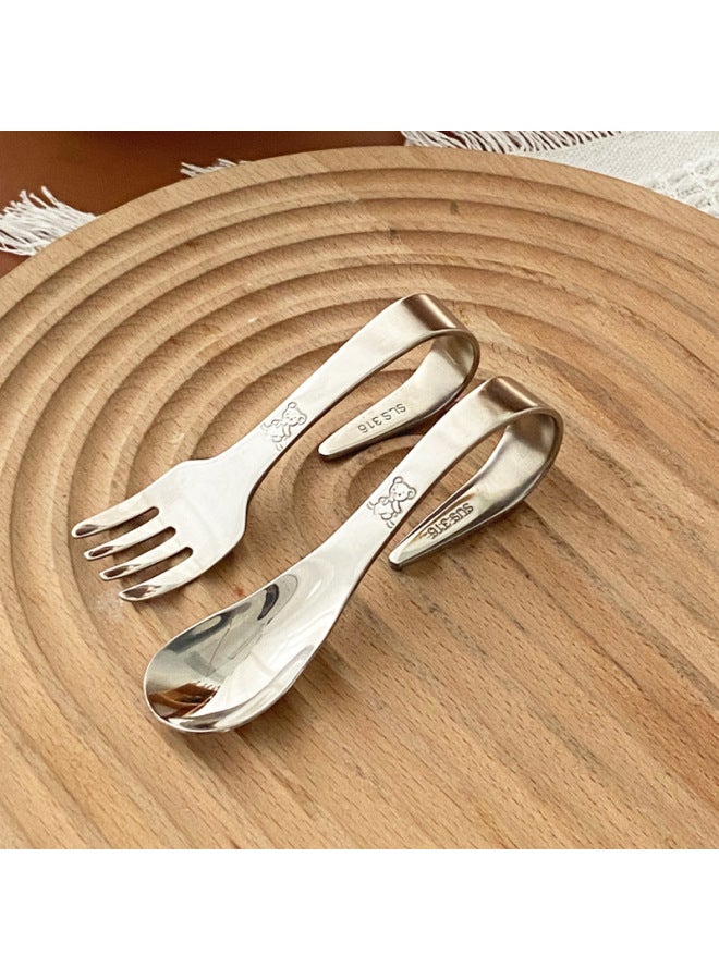 Curved Fork Spoon 316 Stainless Steel Baby's Short Handle Auxiliary Food Spoon Food Grade Household Children's Self-eating Tableware-Specifications:No Specifications-Color:Children's Fork - Image 5