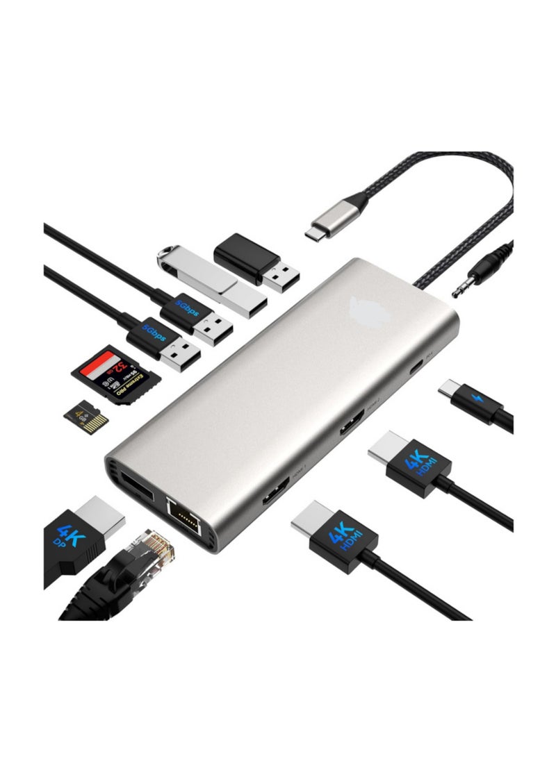 12-in-1 USB C Docking Station – Dual 4K HDMI/DP, 100W PD, USB 3.0, Ethernet, Audio & SD/TF Slots for Laptops  - Image 1