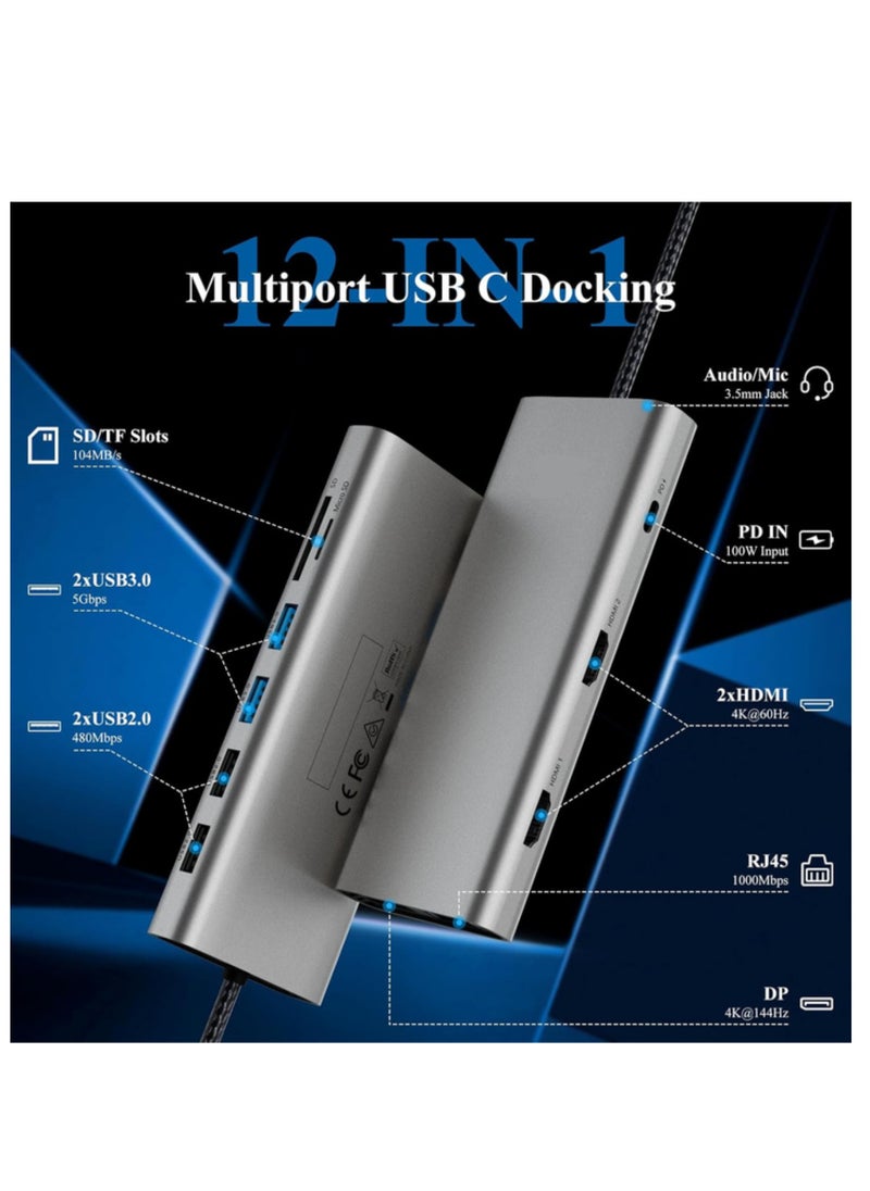 12-in-1 USB C Docking Station – Dual 4K HDMI/DP, 100W PD, USB 3.0, Ethernet, Audio & SD/TF Slots for Laptops  - Image 2