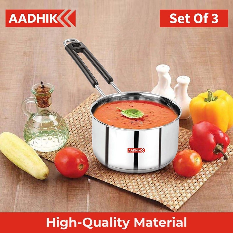 AADHIK Stainless Steel Sauce Pan Set of 3 Sauce Pan Milk Pan Tapeli Patila Induction Base 2 Litre15 Litre 1 Litre Milk Boiler Cookware with Handle - Image 4