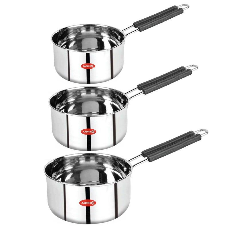 AADHIK Stainless Steel Sauce Pan Set of 3 Sauce Pan Milk Pan Tapeli Patila Induction Base 2 Litre15 Litre 1 Litre Milk Boiler Cookware with Handle - Image 1