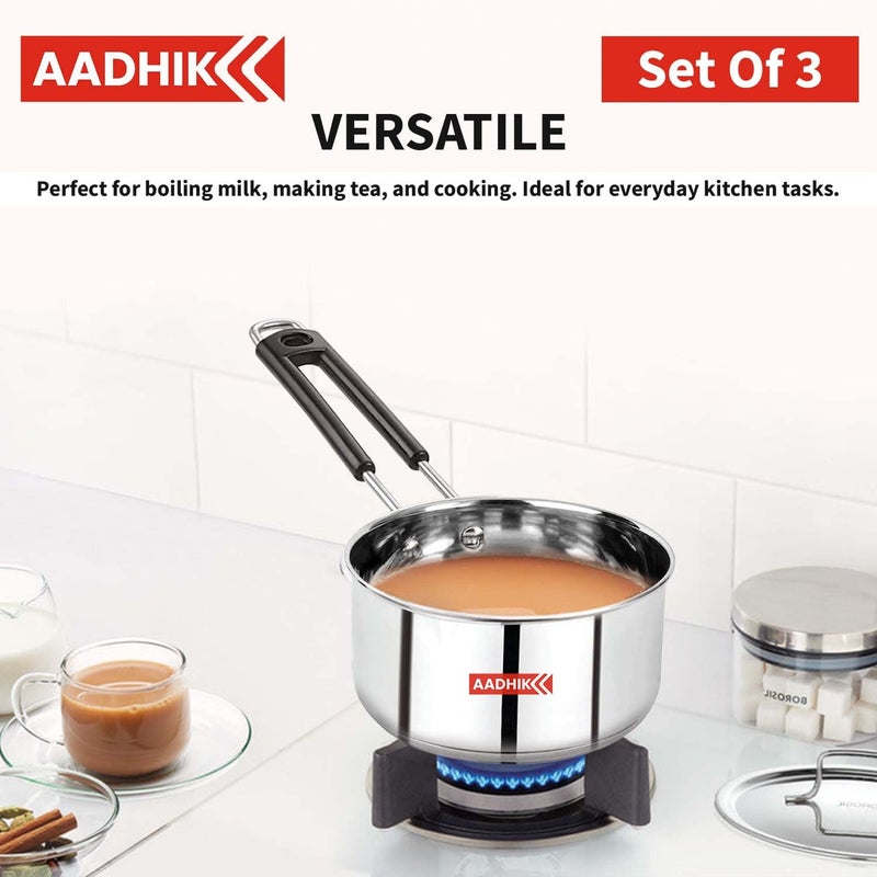 AADHIK Stainless Steel Sauce Pan Set of 3 Sauce Pan Milk Pan Tapeli Patila Induction Base 2 Litre15 Litre 1 Litre Milk Boiler Cookware with Handle - Image 2