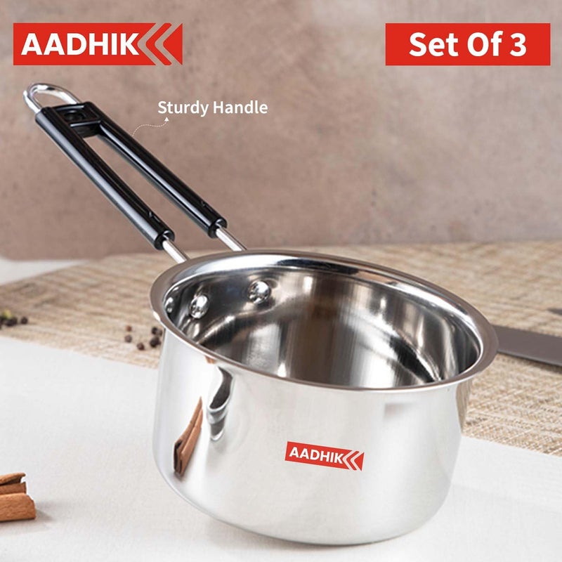 AADHIK Stainless Steel Sauce Pan Set of 3 Sauce Pan Milk Pan Tapeli Patila Induction Base 2 Litre15 Litre 1 Litre Milk Boiler Cookware with Handle - Image 3