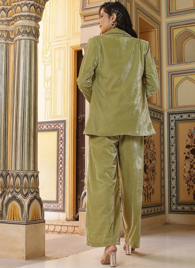 AKS Green Velvet Blazer and Trouser Set for Women