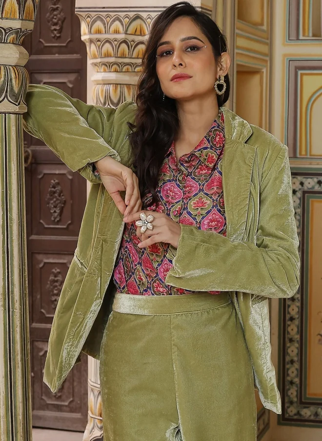 AKS Green Velvet Blazer and Trouser Set for Women