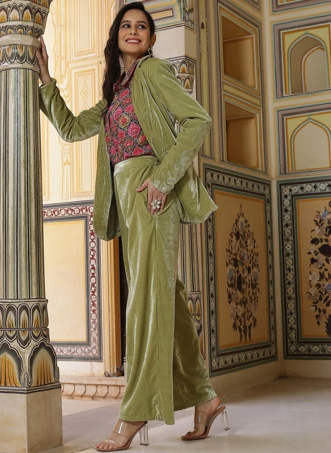 AKS Green Velvet Blazer and Trouser Set for Women