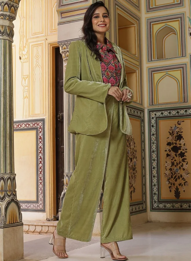 AKS Green Velvet Blazer and Trouser Set for Women