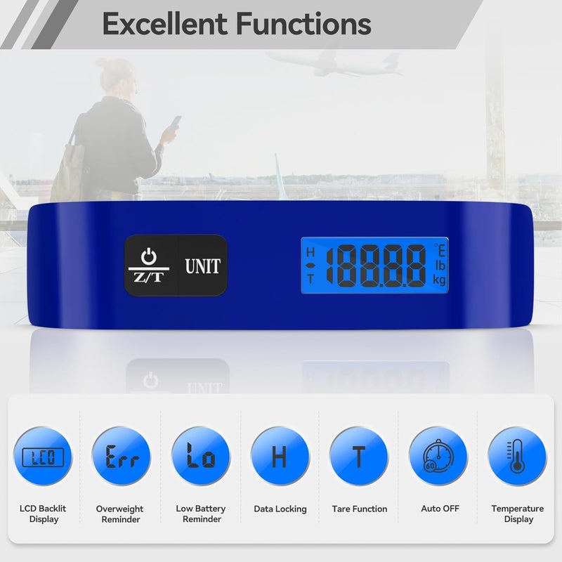 Dr.Meter Luggage Scale, Luggage Weight Scale Backlight LCD Display PS02 110lb/50kg Electronic Balance Digital Postal Travel Accessories with Rubber Paint Handle Temperature Sensor, Blue - Image 2
