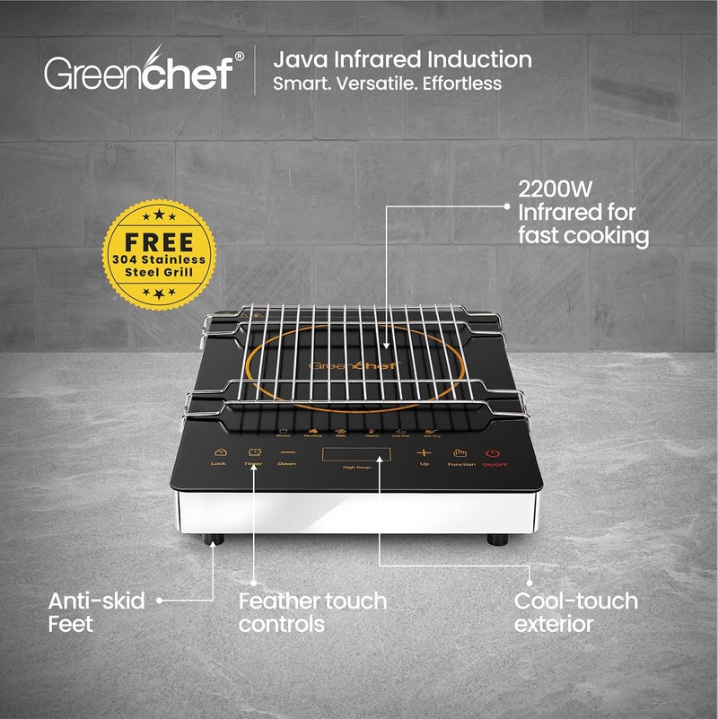 Greenchef موقد كهربائي بالأشعة تحت الحمراء متوافق مع الحث وغير الحث مع 3 وظائف قائمة مسبقة التحكم باللمس الخفيف - جاوا - Image 3