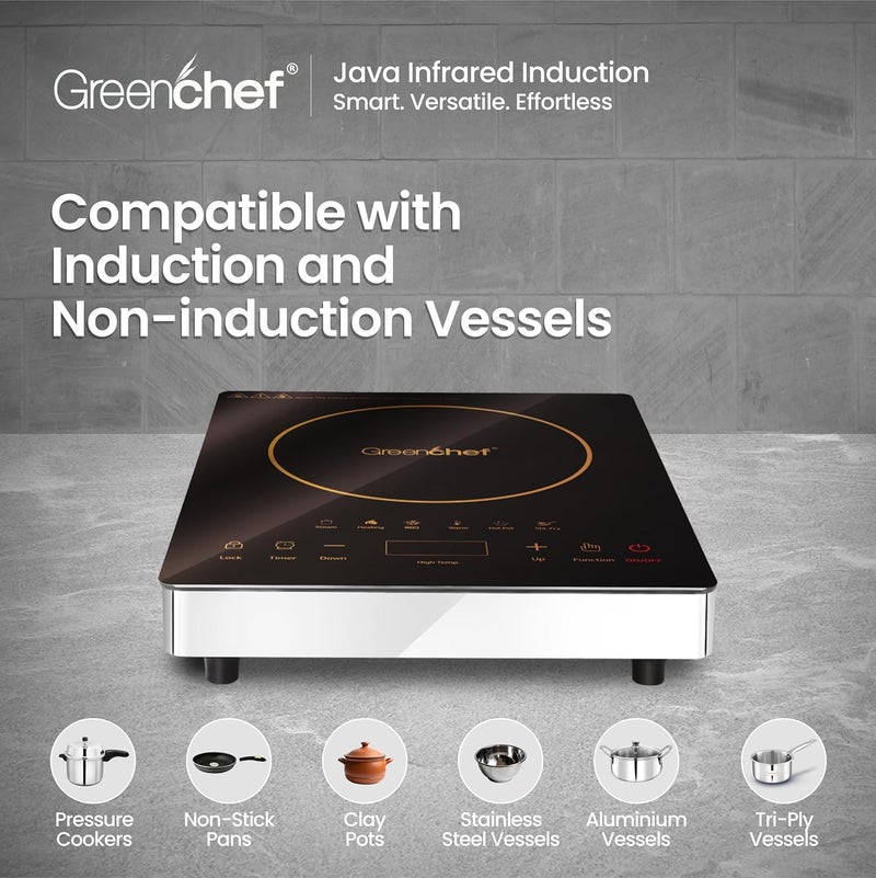 Greenchef موقد كهربائي بالأشعة تحت الحمراء متوافق مع الحث وغير الحث مع 3 وظائف قائمة مسبقة التحكم باللمس الخفيف - جاوا - Image 4