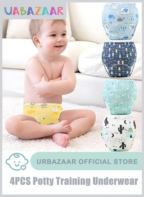 Baby Potty Training Underwear for Boys and Girls, 4 Pack Absorbent Training Pants for Toddlers with Printed Reusable Cotton Toilet Training Pants for 12-18kg Kids (2-4 Years)