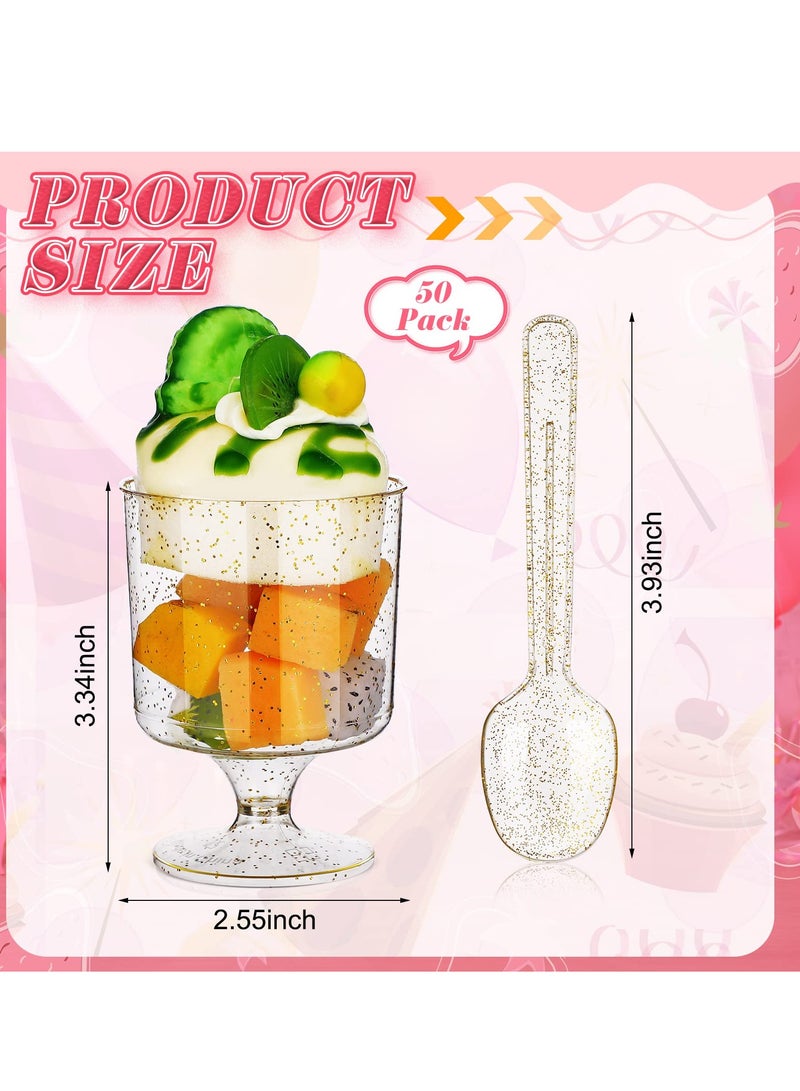 Zikra 50 Pcs 6 oz Disposable Gold Glitter Plastic Dessert Cups with 50 Pcs Tasting Spoons - Elegant Goblet Glasses for Ice Cream, Weddings, and Parties. Perfect for Celebrations! - Image 4