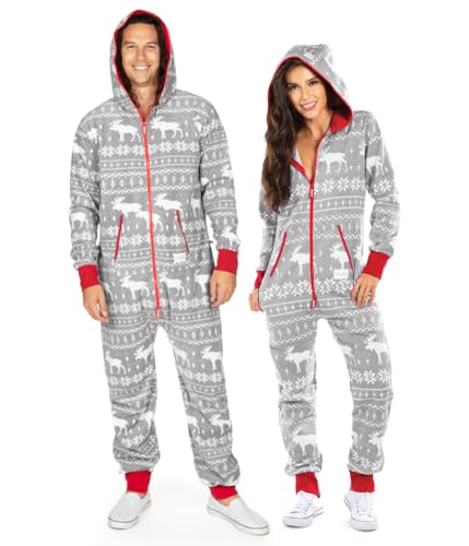 Tipsy Elves Christmas Onesies for Adults - Comfy Unisex Matching Holiday Jumpsuits with Convenient Pockets - Grey Moose Christmas Jumpsuit Size Medium - Image 3