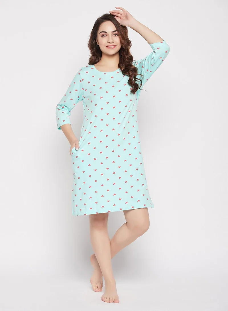 كلوفيا Clovia Heart Print Short Night Dress In Baby Blue - 100% Cotton