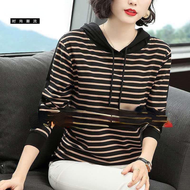 2022 New Autum 95 Cotton T-Shirt Women'S Long-Sleeved Middle-Aged Mother'S Wear Loose Stripesd Hooded Top Trbottomy T-Shirt - Image 1