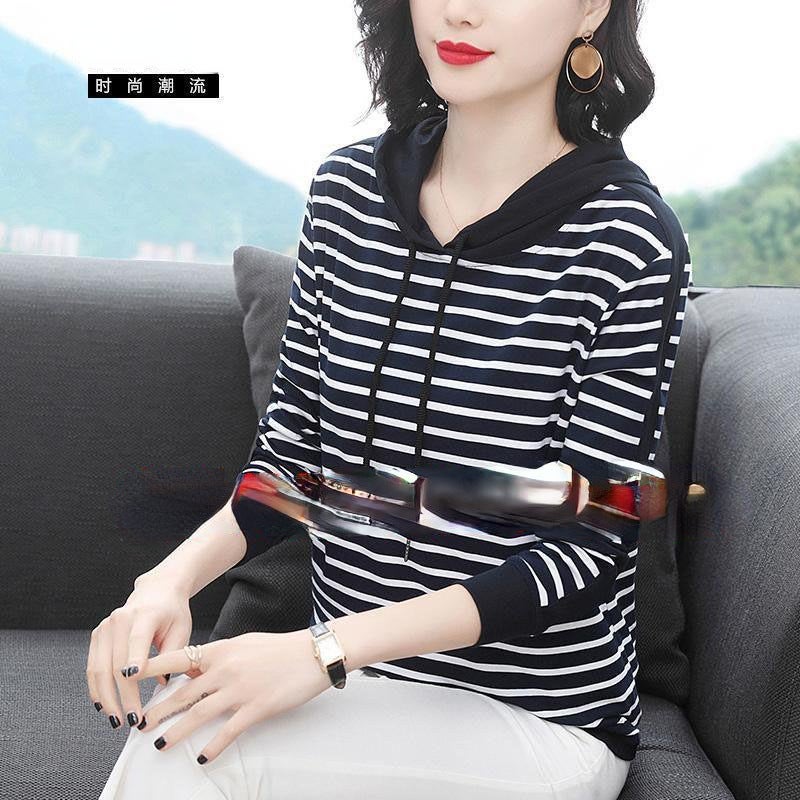 2022 New Autum 95 Cotton T-Shirt Women'S Long-Sleeved Middle-Aged Mother'S Wear Loose Stripesd Hooded Top Trbottomy T-Shirt - Image 2
