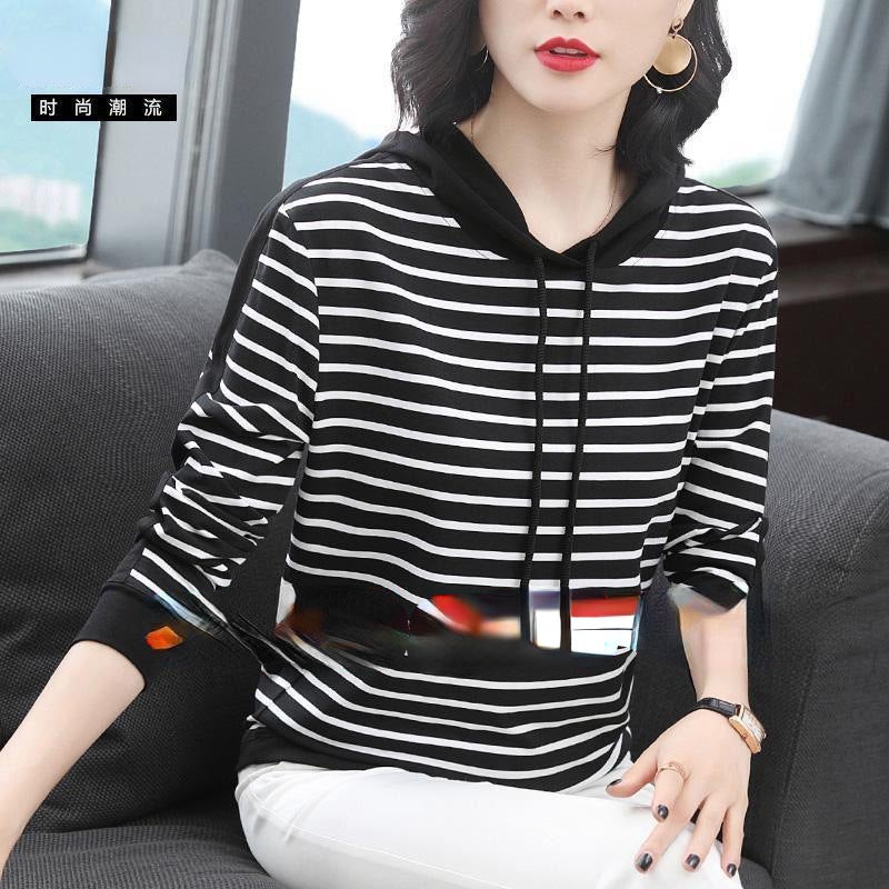 2022 New Autum 95 Cotton T-Shirt Women'S Long-Sleeved Middle-Aged Mother'S Wear Loose Stripesd Hooded Top Trbottomy T-Shirt - Image 3
