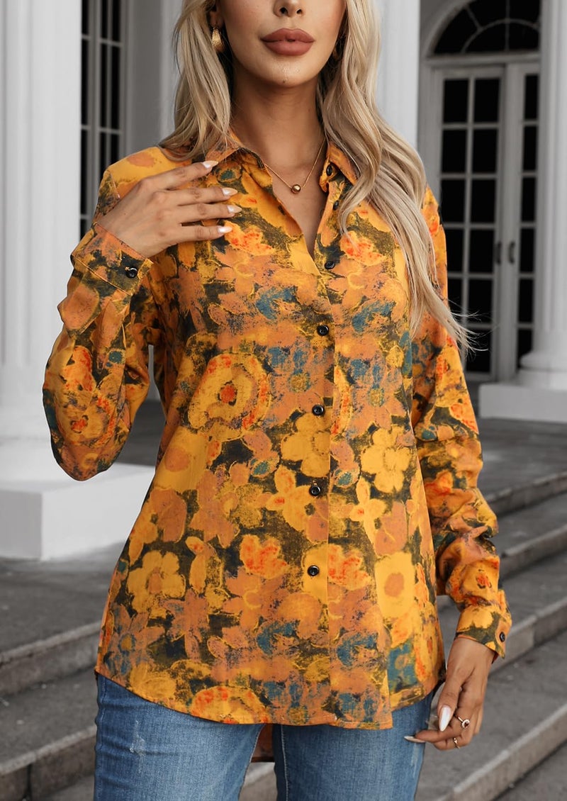 JMITHA Womens Blouses for Women Dressy Casual & Button-Down Shirts Long Sleeve Blouse Work Button Down Fashion Collared Office Attire 06 Yellow Black M - Image 4