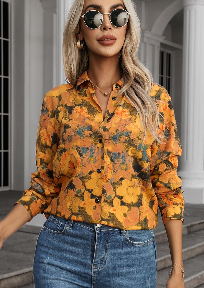 JMITHA Womens Blouses for Women Dressy Casual & Button-Down Shirts Long Sleeve Blouse Work Button Down Fashion Collared Office Attire 06 Yellow Black M - Image 2