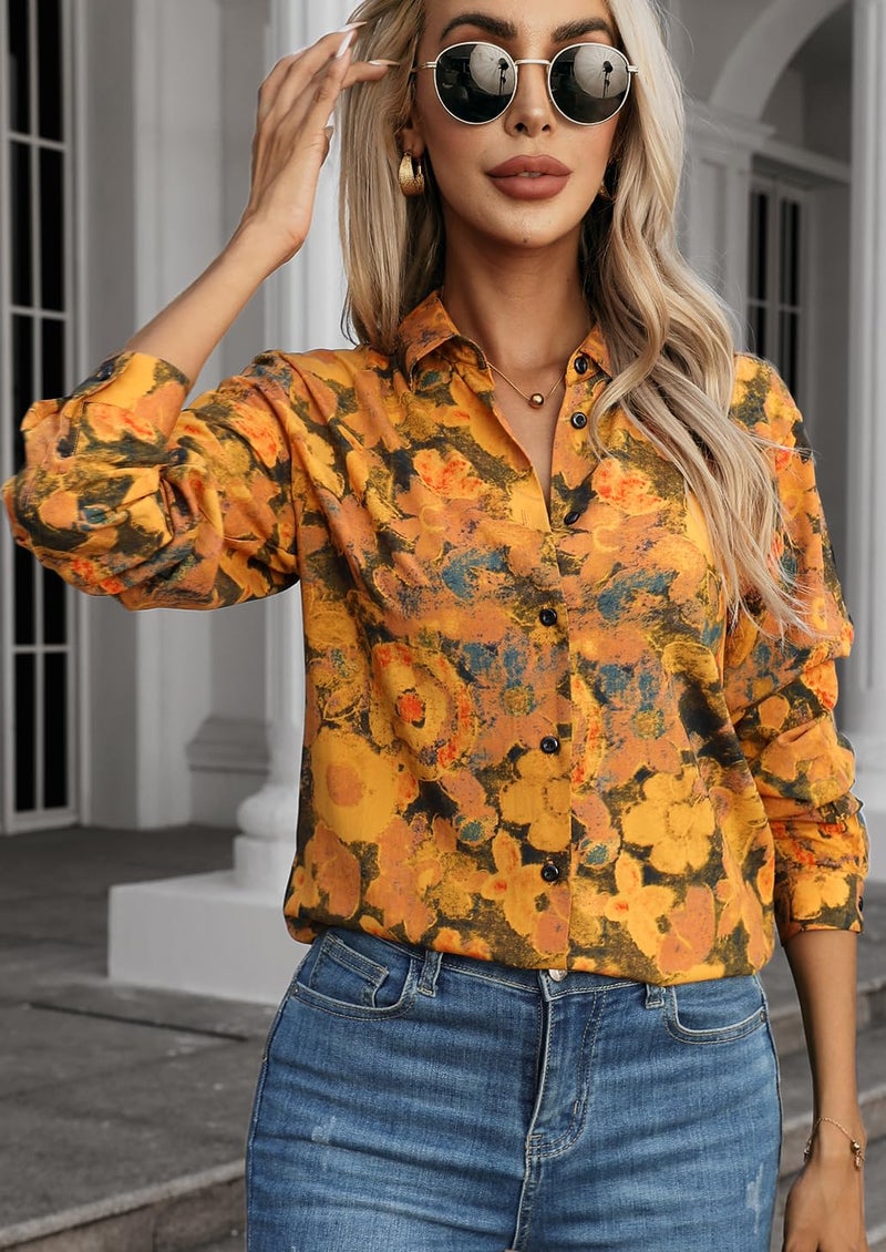 JMITHA Womens Blouses for Women Dressy Casual & Button-Down Shirts Long Sleeve Blouse Work Button Down Fashion Collared Office Attire 06 Yellow Black M - Image 3