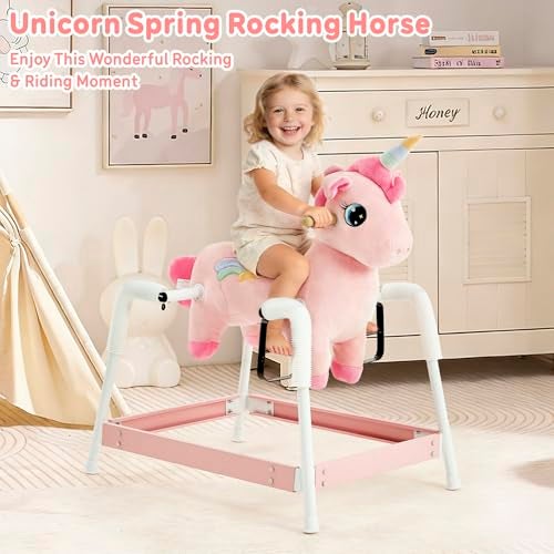 FUNLIO Unicorn Spring Rocking Horse for Kids 36 Rainbow Fairy Ride on Horse with Covered Spring Sturdy Frame Neighing Galloping Sound for Pretend Play Horse Toys Gift CPC CE CertifiedPink - Image 5