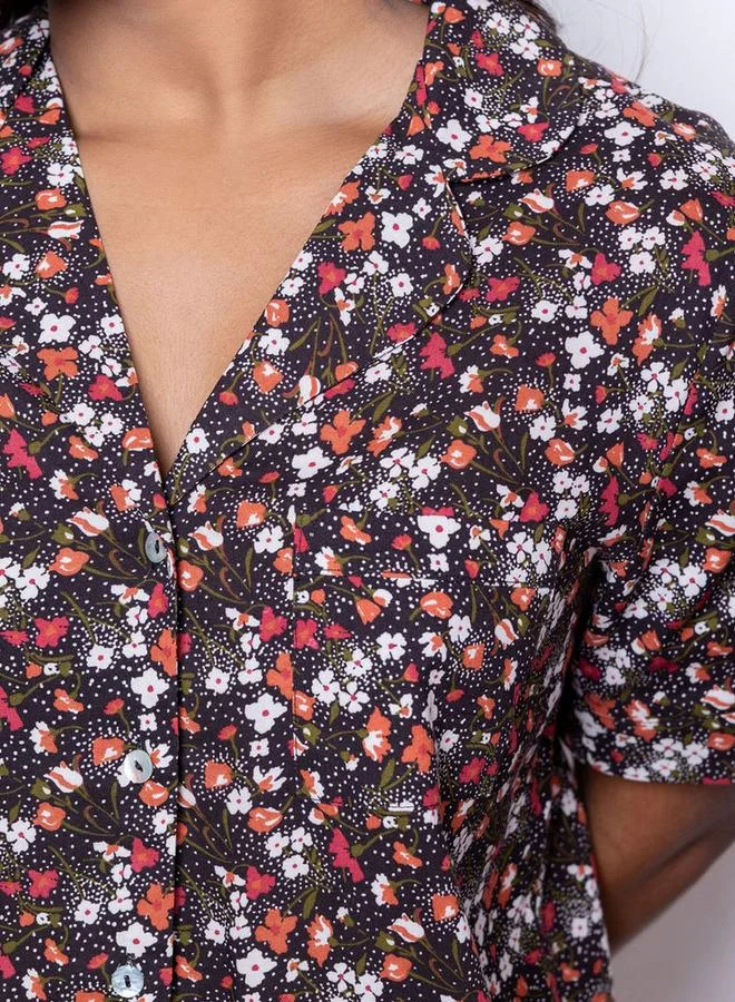 Aadaraya Aadaraya All-Over Floral Print Rayon Shirt and Pyjama Set