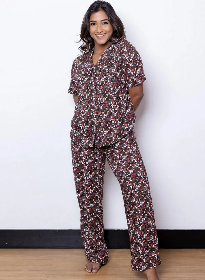 Aadaraya Aadaraya All-Over Floral Print Rayon Shirt and Pyjama Set