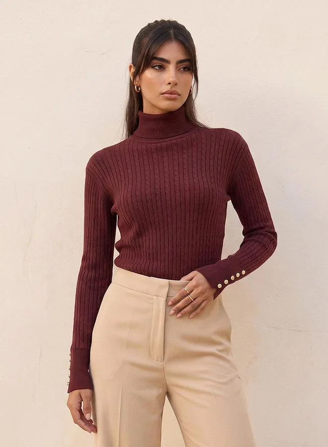 Splash FAV Basics Regular Fit Cable Knit Sweater with Turtleneck
