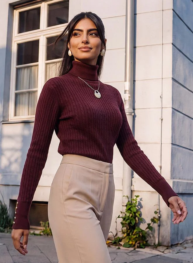 Splash FAV Basics Regular Fit Cable Knit Sweater with Turtleneck