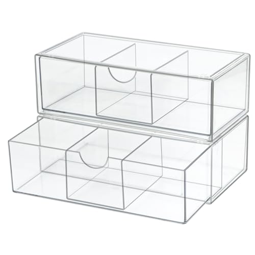 ZEXALOR Set of 2 Stackable Storage Drawers - 7.8" Clear Plastic Drawer Storage, Acrylic Makeup Organizer, Desk Counter Cabinet Office Organizer, Bathroom Organizers and Storage (3 Grid/Set of 2) - Image 1