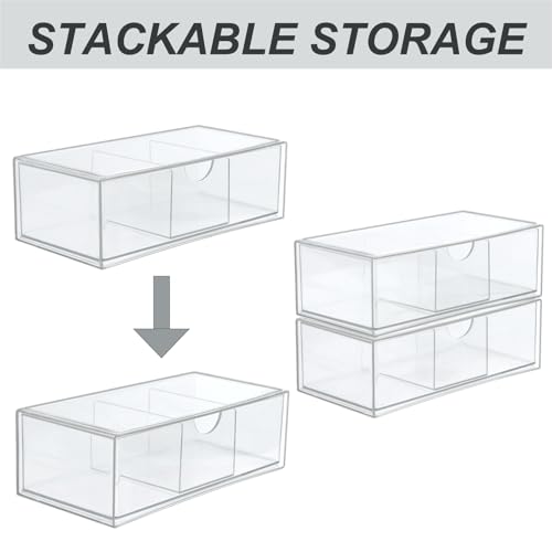 ZEXALOR Set of 2 Stackable Storage Drawers - 7.8" Clear Plastic Drawer Storage, Acrylic Makeup Organizer, Desk Counter Cabinet Office Organizer, Bathroom Organizers and Storage (3 Grid/Set of 2) - Image 2