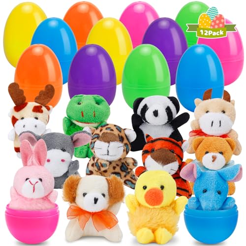 AUUGUU 12 Pack Prefilled Easter Eggs with Animals Stuffers Plush Toys for Easter Egg Hunt Easter Basket Stuffers Fillers Easter Party Favors Easter Classroom Prize Supplies - Image 1