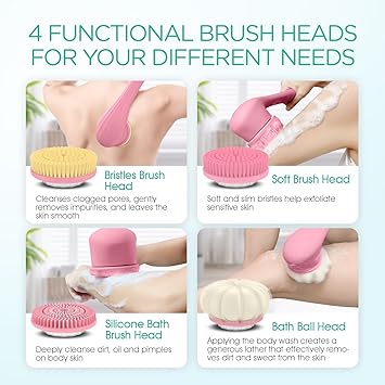 VOYOR Electric Body Scrubber TwoWay Rotating Brush Head 4 Accessories Rechargeable IPX6 Waterproof Long Handle Bath Brush BC300 Pink - Image 5