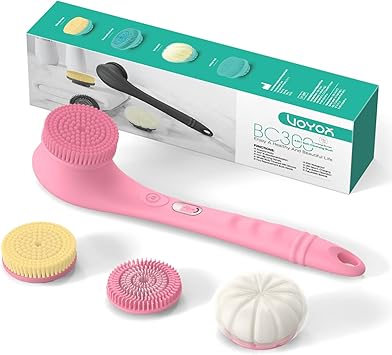 VOYOR Electric Body Scrubber TwoWay Rotating Brush Head 4 Accessories Rechargeable IPX6 Waterproof Long Handle Bath Brush BC300 Pink - Image 1