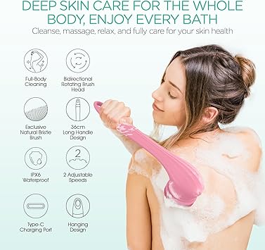 VOYOR Electric Body Scrubber TwoWay Rotating Brush Head 4 Accessories Rechargeable IPX6 Waterproof Long Handle Bath Brush BC300 Pink - Image 2