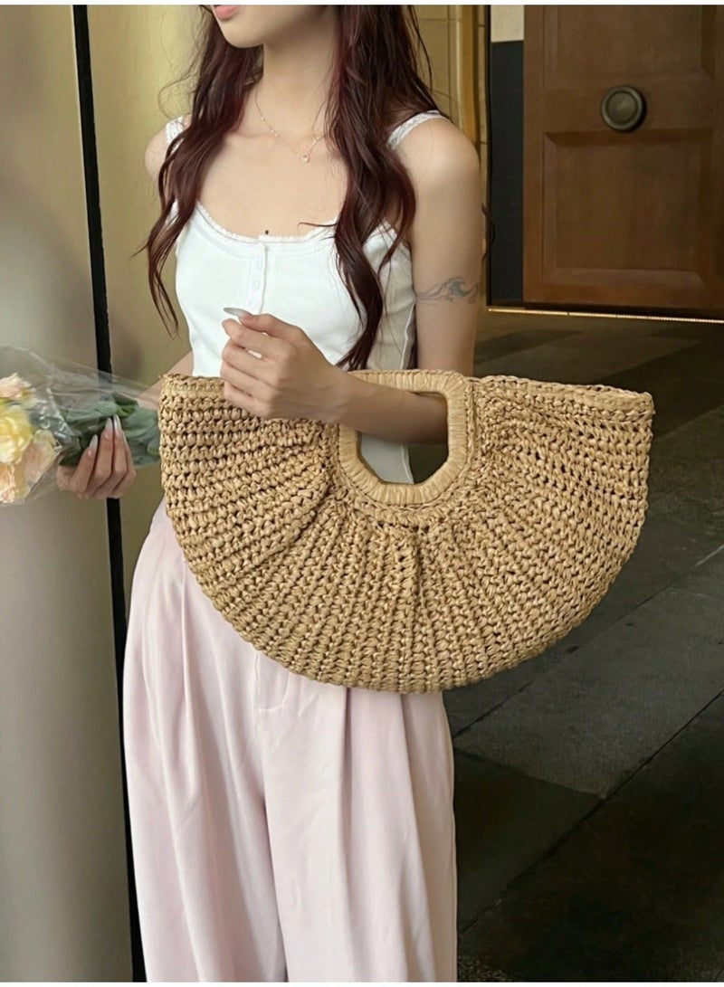 Shein 1pc Large Capacity Straw Woven Clutch Bag, Cloud Shaped Semi-Circle Design, Summer Travel Beach Bag For Daily Shopping, Straw Bag - Image 4