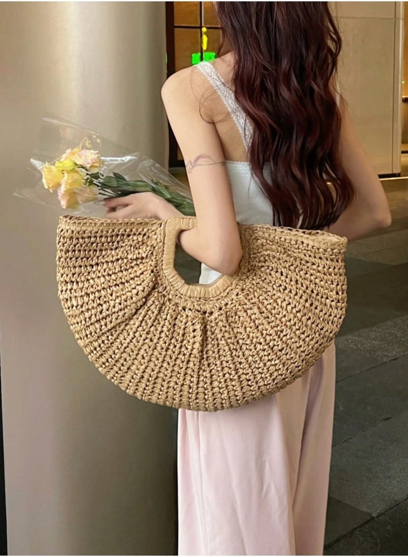 Shein 1pc Large Capacity Straw Woven Clutch Bag, Cloud Shaped Semi-Circle Design, Summer Travel Beach Bag For Daily Shopping, Straw Bag - Image 3