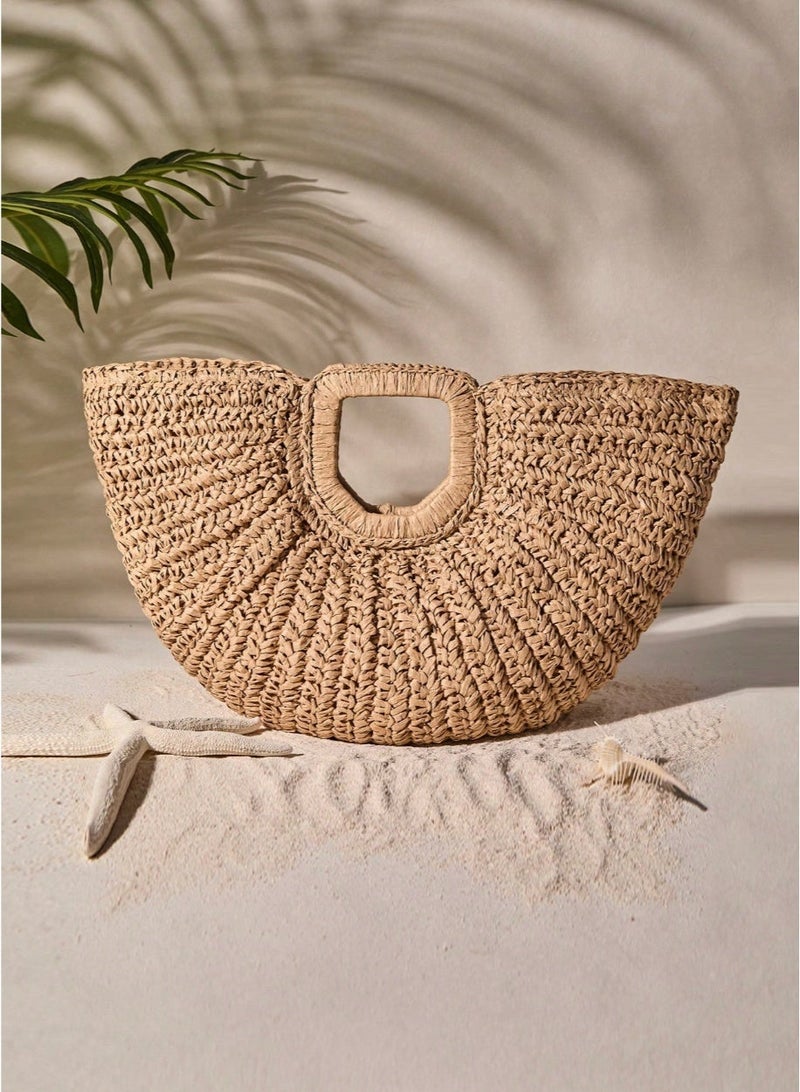 Shein 1pc Large Capacity Straw Woven Clutch Bag, Cloud Shaped Semi-Circle Design, Summer Travel Beach Bag For Daily Shopping, Straw Bag - Image 1