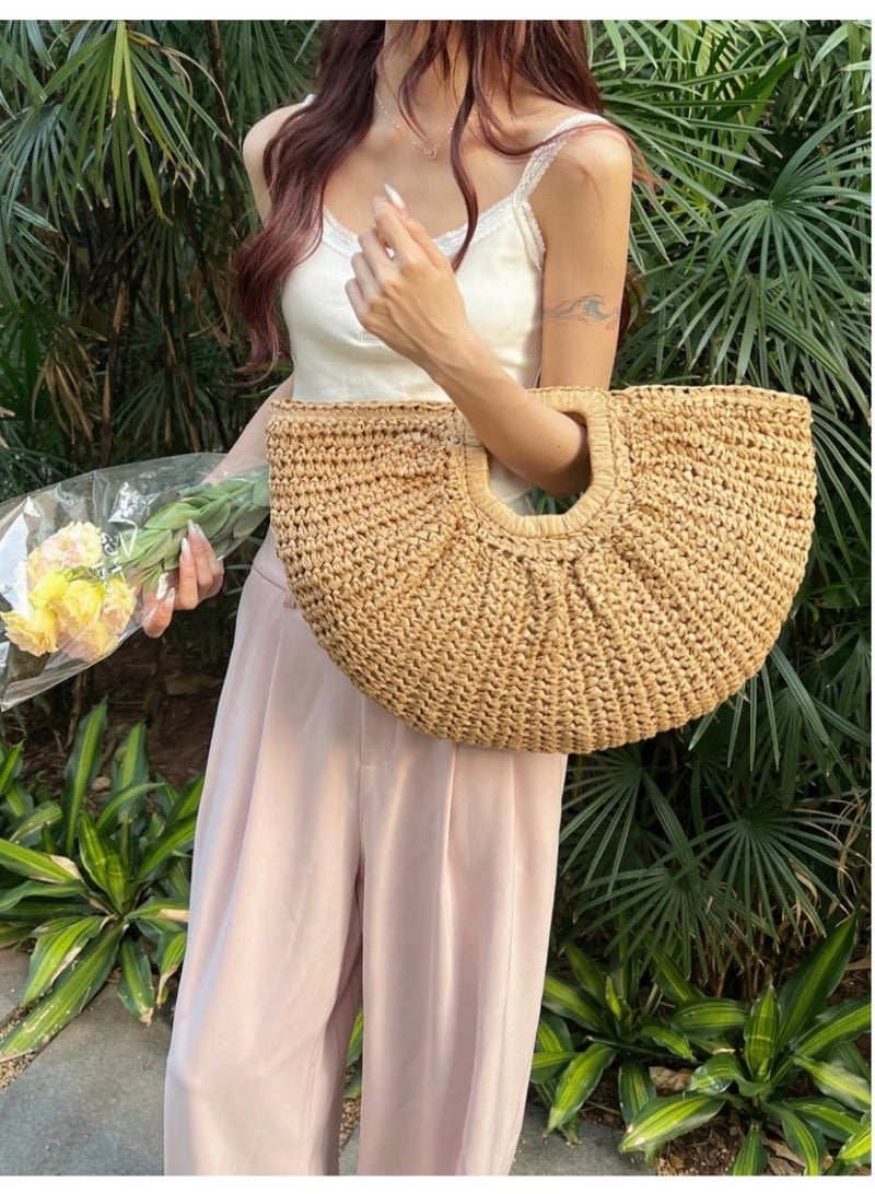 Shein 1pc Large Capacity Straw Woven Clutch Bag, Cloud Shaped Semi-Circle Design, Summer Travel Beach Bag For Daily Shopping, Straw Bag - Image 2