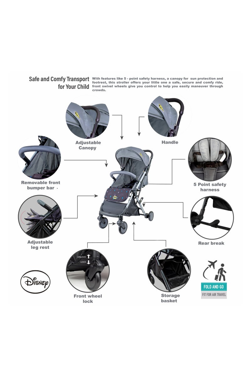 Warner Bros Batman Baby/Kids Travel Stroller 0 36 months, Storage Basket, Detachable Bumper, 5 Point Safety Harness, Compact Foldable Design, Grey - Image 4