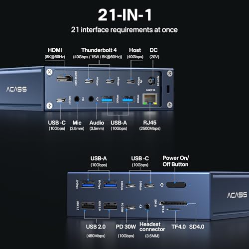 ACASIS Thunderbolt 4 Dock - 21 Ports, 8K60Hz HDMI, 2.5 GbE Ethernet, SD/TF 4.0, 10Gbps USB C/A 3.2 Gen2, 3.5mm Audio, MacBook Docking Station Dual Monitor, 40Gbps Dock for Mac M1/M2/M3 Pro/Max - Image 2