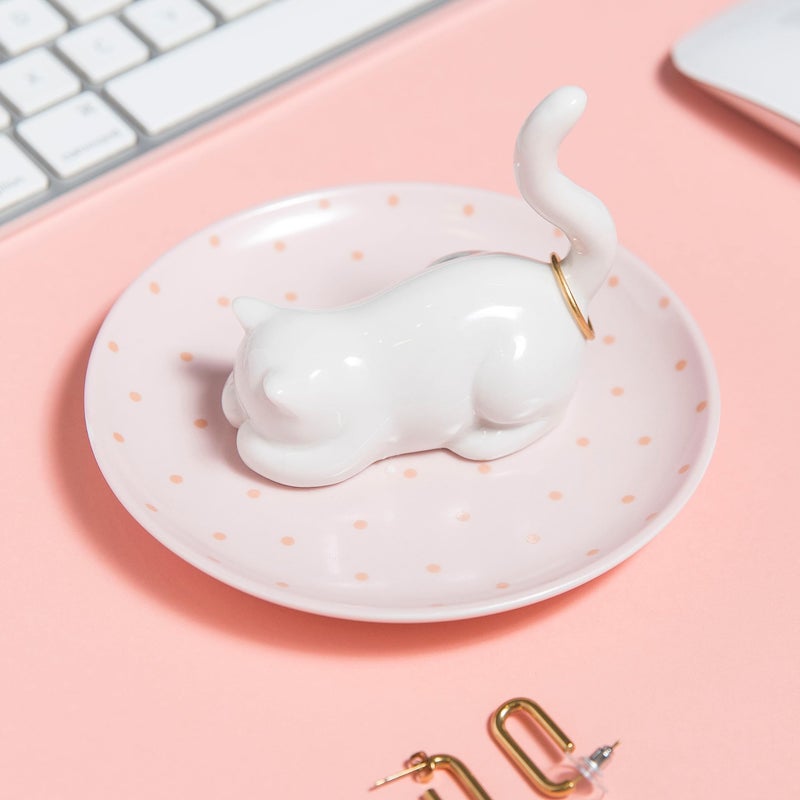 Lynagert Cat Ring Holder Ring Dish Ceramic Jewelry Holder Dish Trinket Tray For Rings Earrings Trinkets Organizer, Funny Cat Themed Gifts for Mom, Birthday Gifts for Women - Image 1