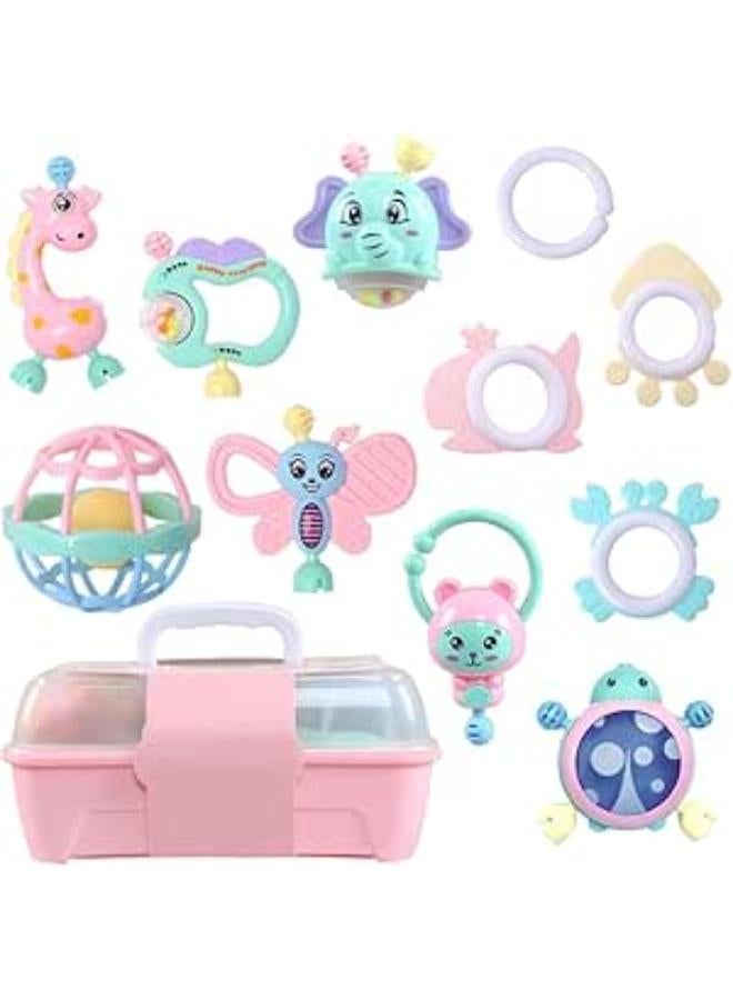 11-Piece Baby Rattle and Teether Set with Storage Box Assorted color