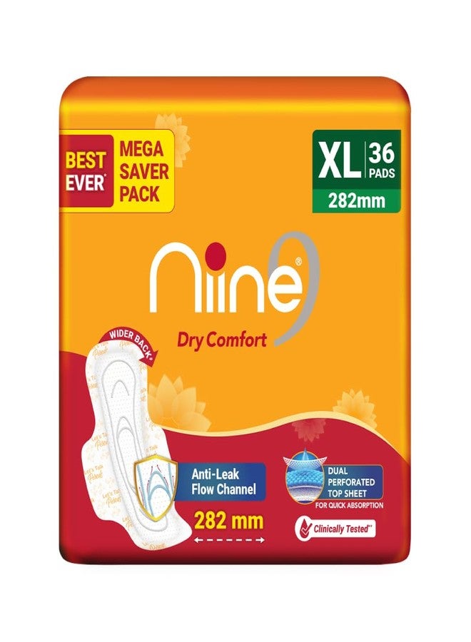 Niine Dry Comfort XL Sanitary Pads for Women |36 Pads, Pack of 1| 282 mm Long| Fast Absorption| Prevents Wetness & Leakage| Enjoy Leak-free Periods |With Anti-Leak Flow Channel - Image 1