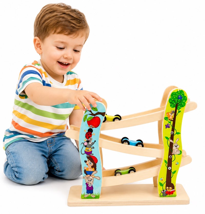 SPARKERR Wooden Car Racetrack, Toy car racing Track, Ramp Racer With 4 Mini Cars Set, Educational Creative Toddler Toy for Kids, Little Boy and Girl at Home or for Gifting - Image 1